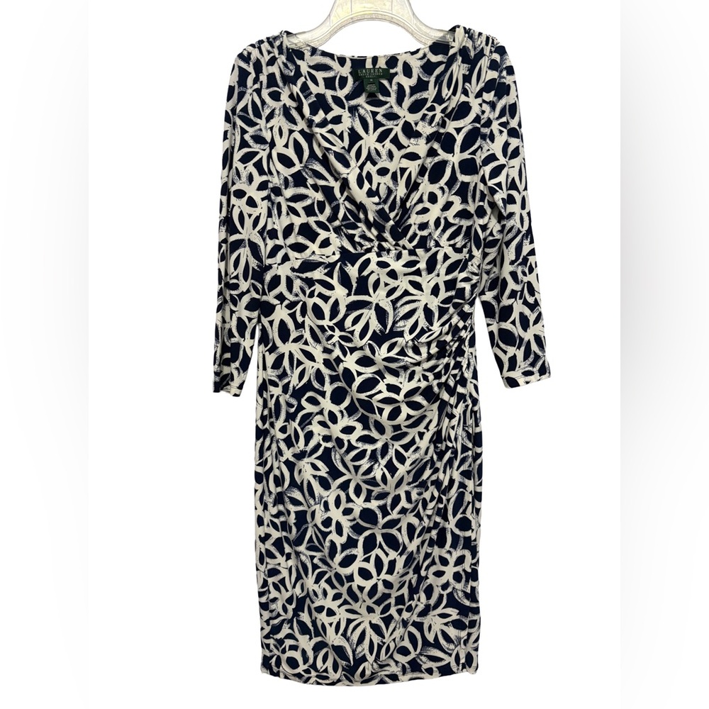 Lauren Ralph Lauren Navy and Cream/White Elsie Faux Mock Wrap 3/4 Sleeve Dress